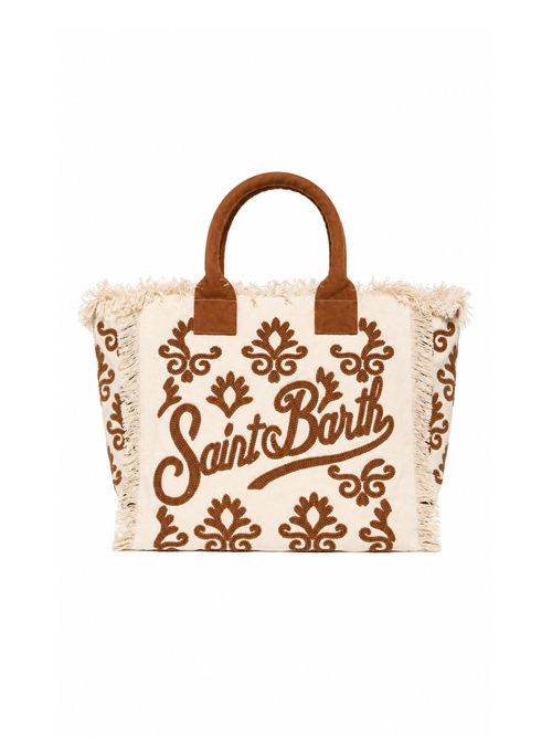 Borsa Vanity regular in canvas con ricamo coralli tufting Marrone Mc2 Saint Barth | VANI02409378L